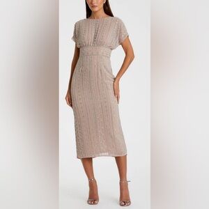 Mac Duggal Beige Embellished Midi Dress